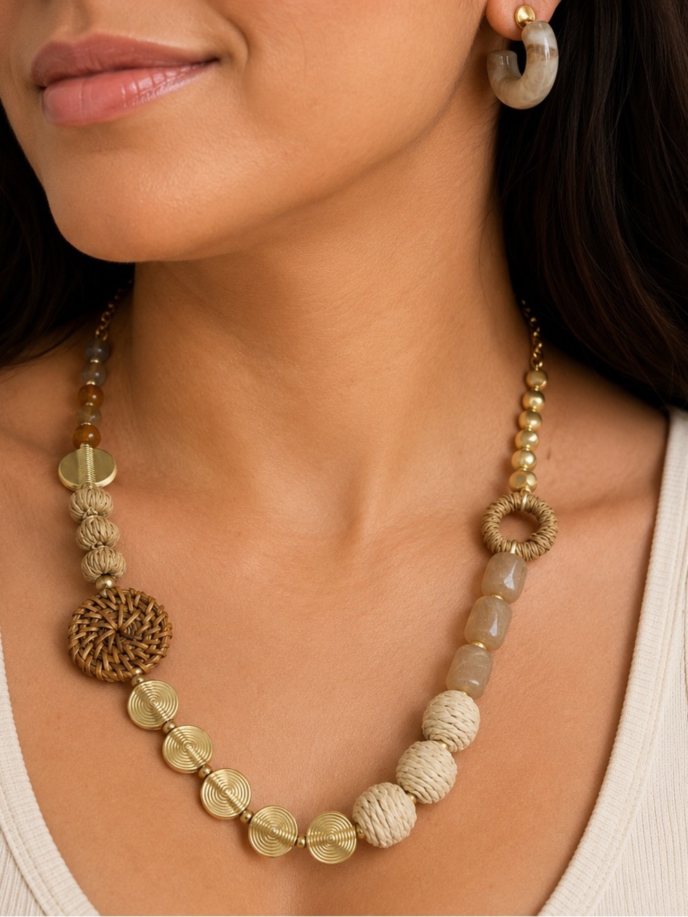 Set of 2 pieces Plunder Gold & Beige Mixed-Material Beaded Necklace & Earrings